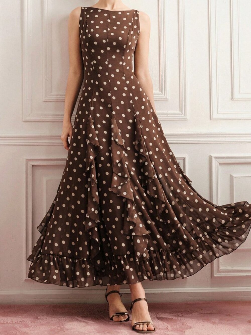 Coffee Elegant Women's Waist Cinched Ruffle Hem polka dot Slim Fit Dress - Picture 1 of 7